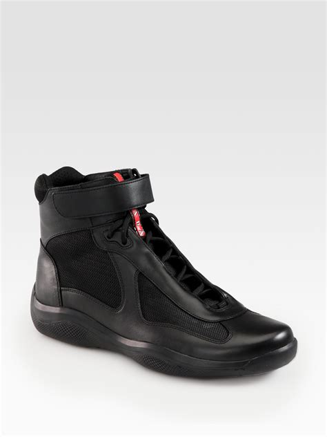 mens leather prada high top sneakers